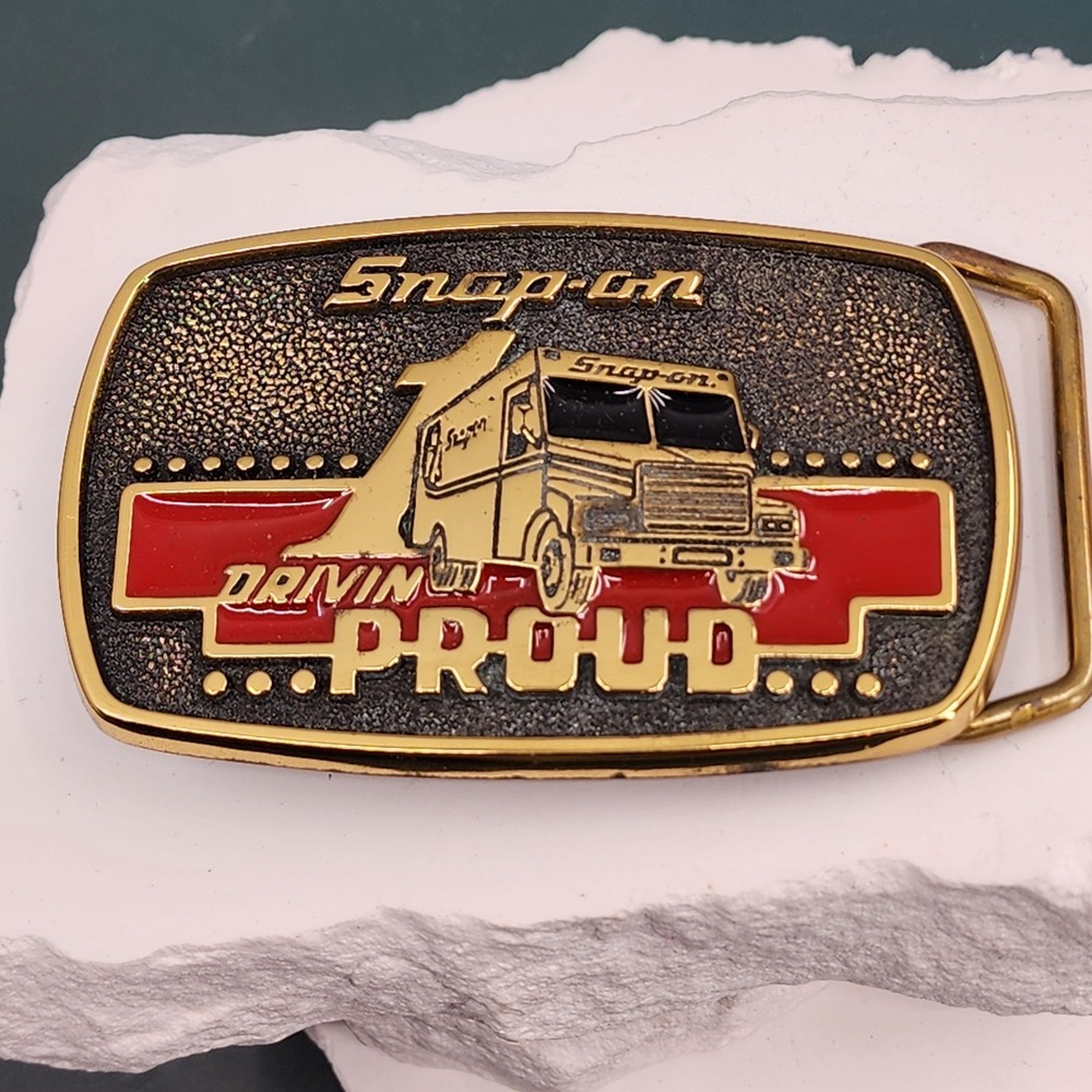 Snap-on Drivin Proud Solid Brass Belt Buckle Service Truck Red Enamel 1989 USA